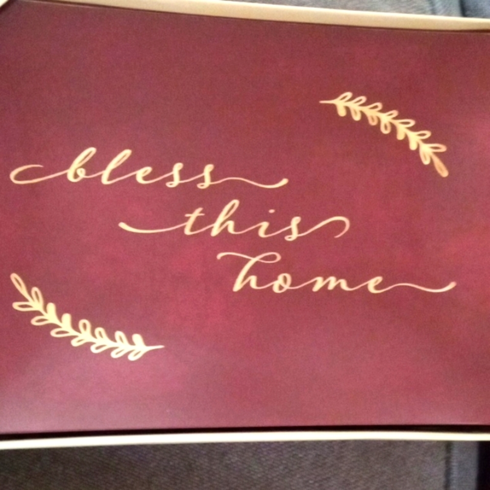 Fringe "Bless this Home" Burgundy and Gold foil  tray. 10.3 inches long by 7.3 w